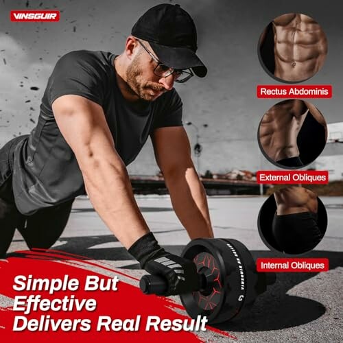 Man using an ab wheel for core exercise with muscle group focus.