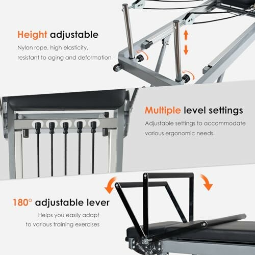 Image showing adjustable exercise equipment features, including height adjustable nylon rope, multiple level settings, and a 180-degree adjustable lever.