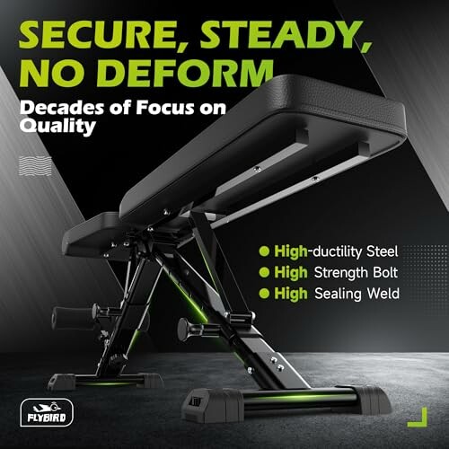 Adjustable weight bench with focus on quality features such as high-ductility steel, strength bolt, and sealing weld.