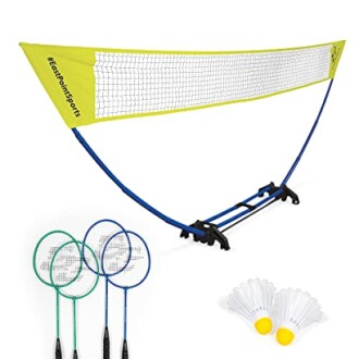 Portable badminton net set with rackets and shuttlecocks.