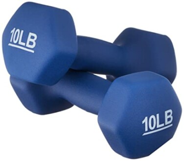 Two blue 10-pound dumbbells stacked