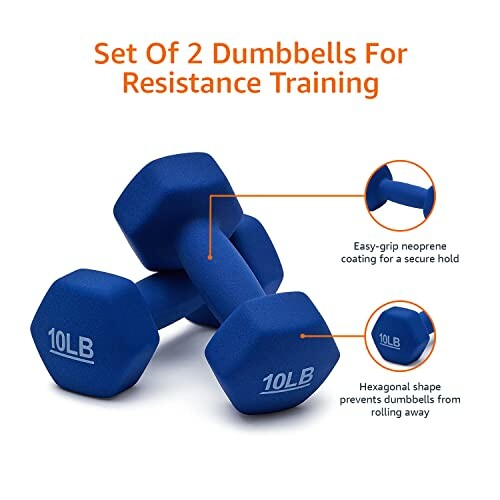 Set of two blue dumbbells for resistance training with easy-grip neoprene coating and hexagonal shape.