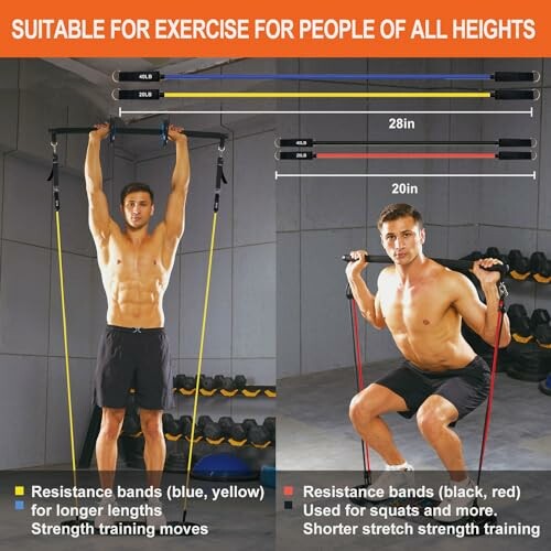 Two men using resistance bands for exercise, with bands attached to a pull-up bar and floor, suitable for various heights.