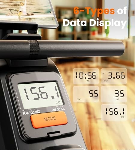Exercise bike console showing various data metrics.