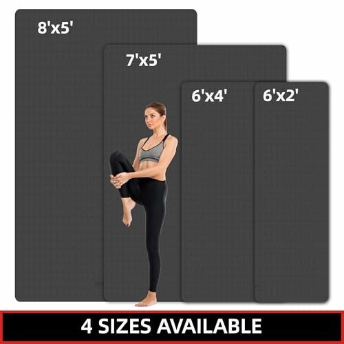 Woman demonstrating yoga poses on different sized exercise mats.