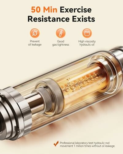 Close-up of a hydraulic rod with text highlights exercise resistance benefits.