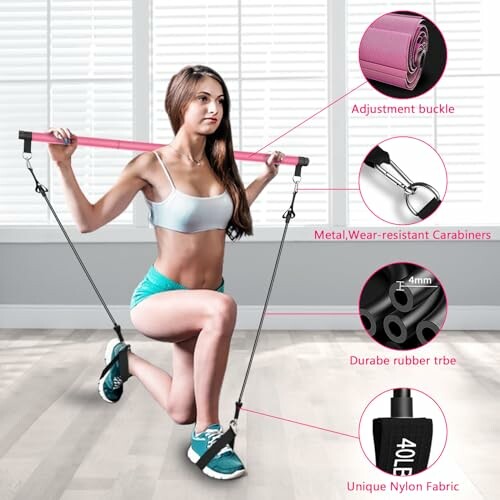 Woman exercising with resistance tube set, highlighting features like adjustment buckle and durable rubber tube.