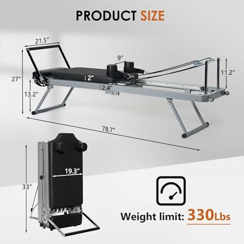 Foldable Pilates reformer with dimensions and 330 lbs weight limit.