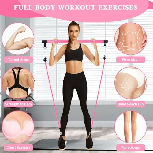 Woman demonstrating full body workout with resistance bands, featuring exercises for toned arms, firm abs, strengthened back, chest, peach hip, and toned legs.