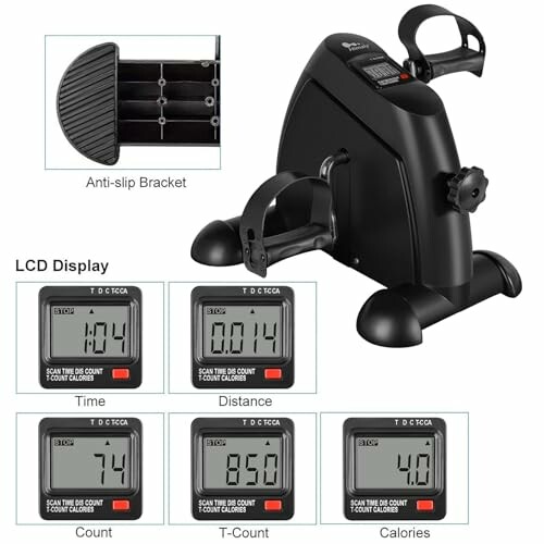 Mini exercise bike with LCD display showing time, distance, count, and calories.