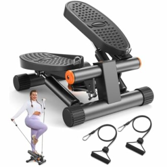 Mini stepper exercise machine with resistance bands and person demonstrating use.