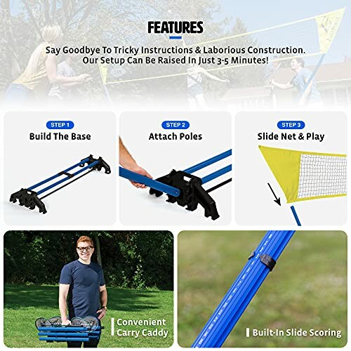 Steps for setting up an outdoor game with carry caddy and built-in slide scoring.