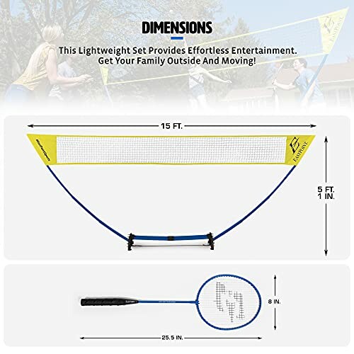 Diagram showing dimensions of a portable badminton net and racket.