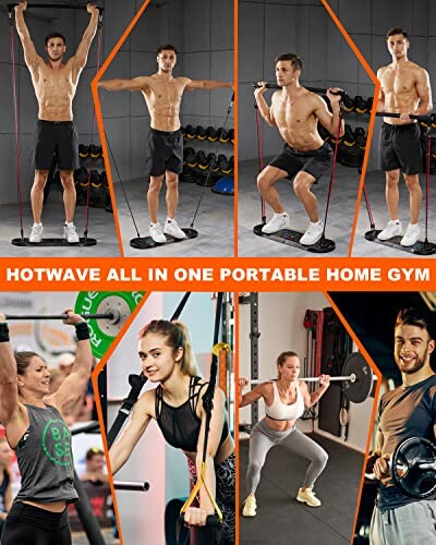 People using resistance bands and weights in a portable home gym setup