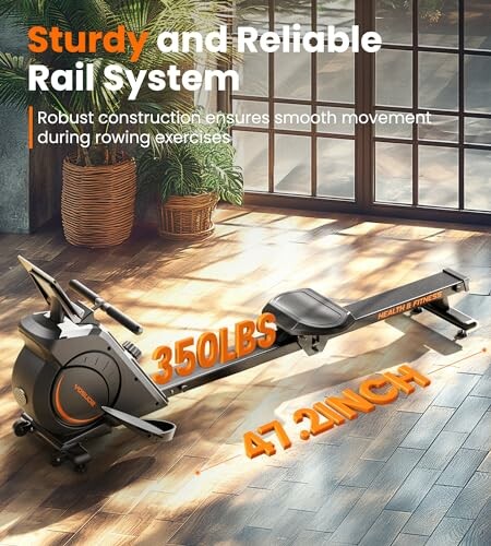 Rowing machine with sturdy rail system and 350lbs capacity.