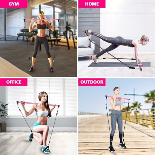 Collage of women using a versatile workout bar in gym, home, office, and outdoor settings.