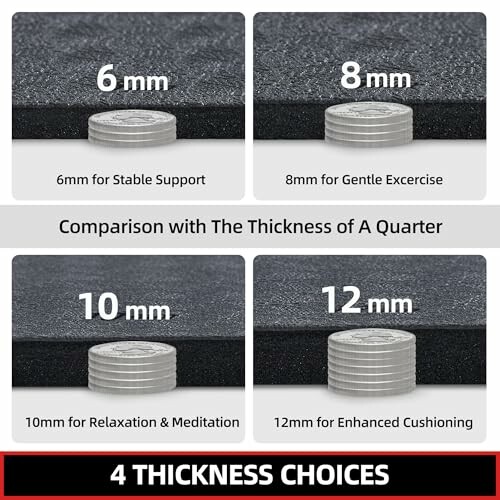 Comparison of yoga mat thickness choices: 6mm, 8mm, 10mm, 12mm with stacked quarters.